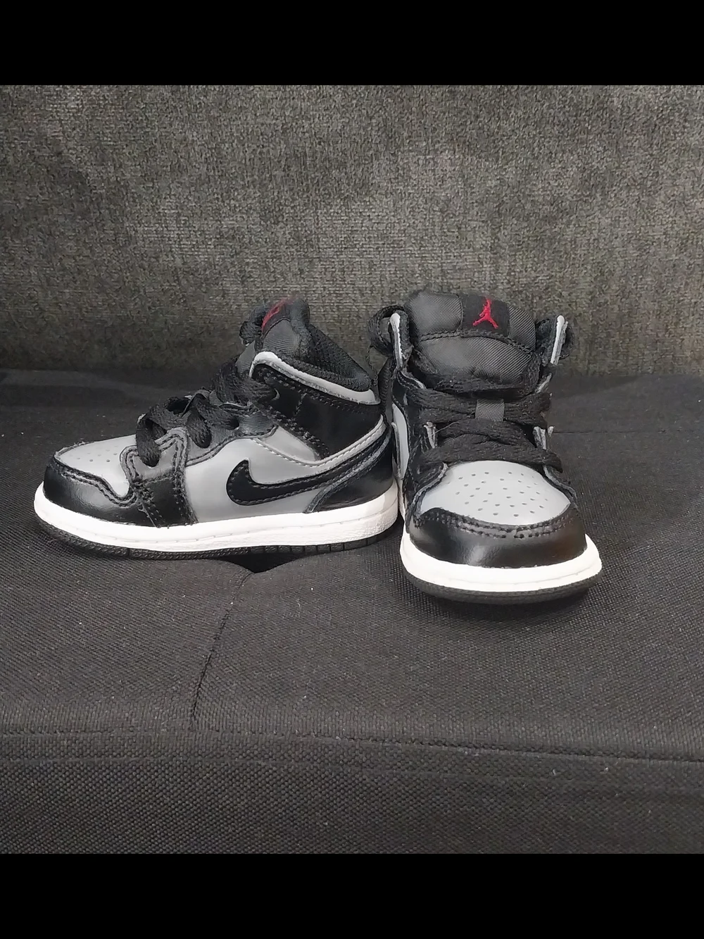 Nike Jordan 1 Black, Gray and White Mid Sneakers with Red Accent 4c